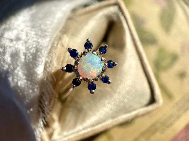 Flower Power Opal and Sapphire Halo Ring in 14k White Gold