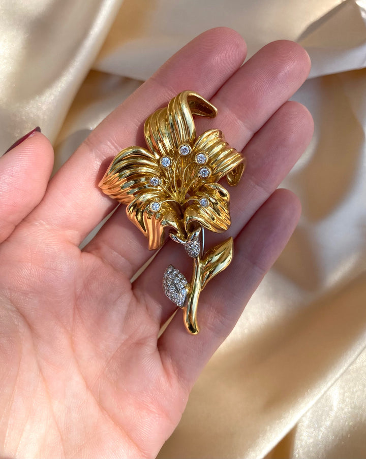 Vintage Garavelli Diamond Lily Brooch Pin in 18k Yellow Gold