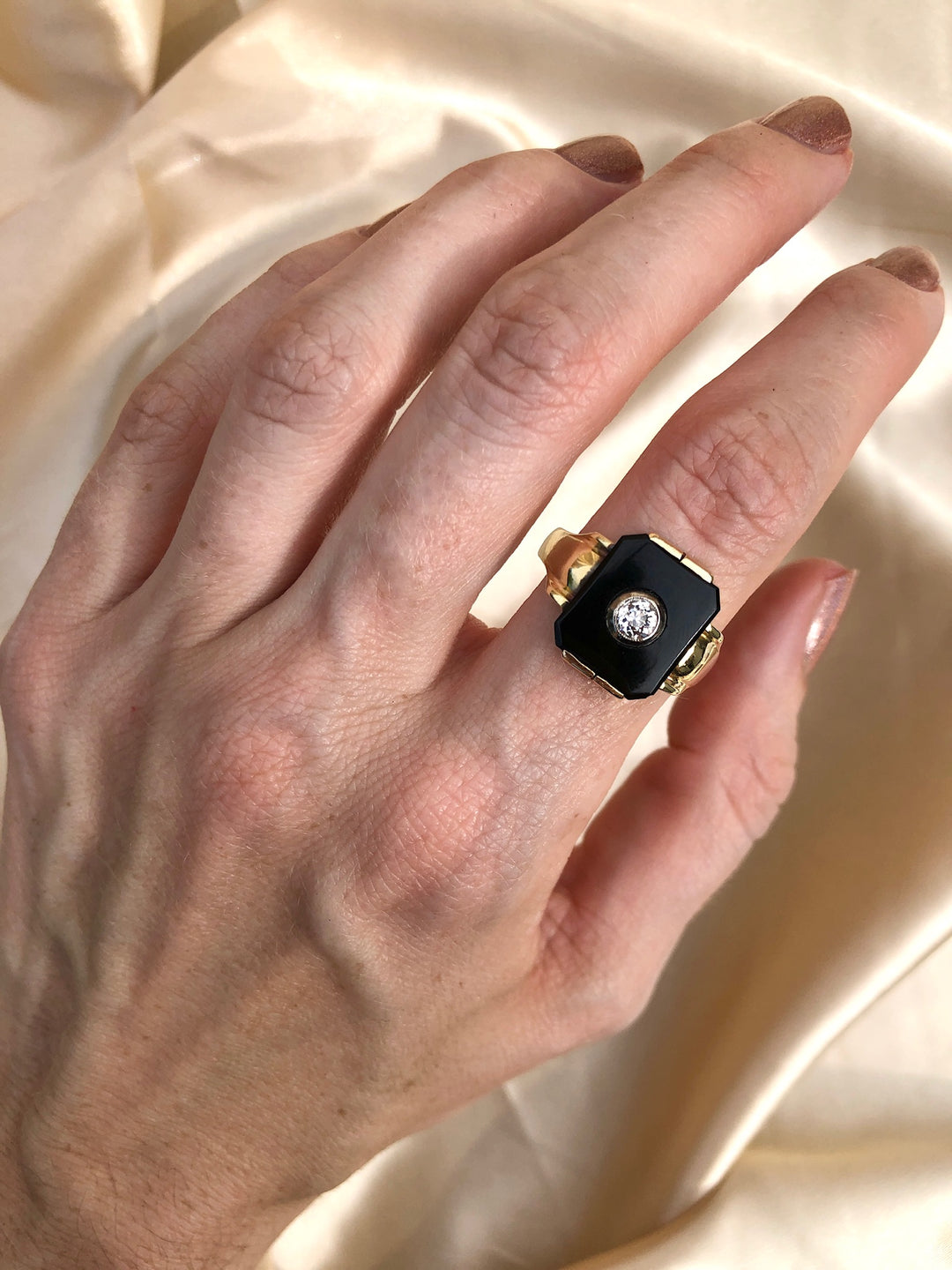 Antique c.1900 Onyx And Old European Diamond Ring