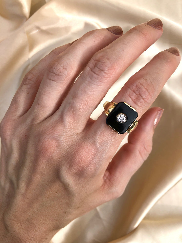 Antique c.1900 Onyx And Old European Diamond Ring