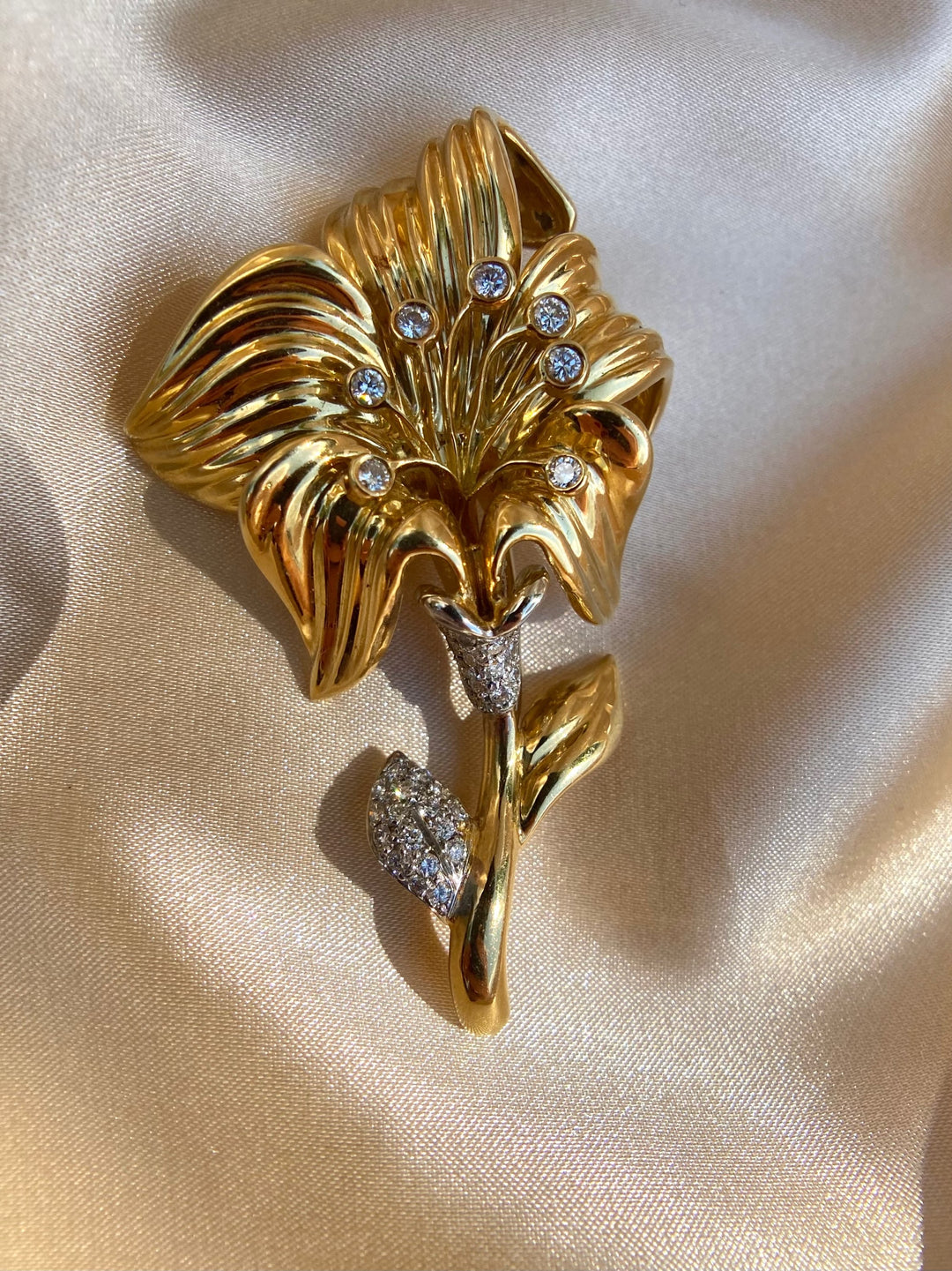 Vintage Garavelli Diamond Lily Brooch Pin in 18k Yellow Gold