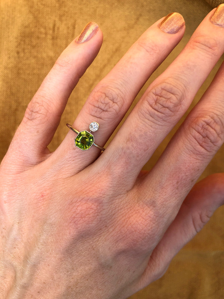 Antique Art Deco Conversion Peridot & Old Euro Diamond in 14k White Gold