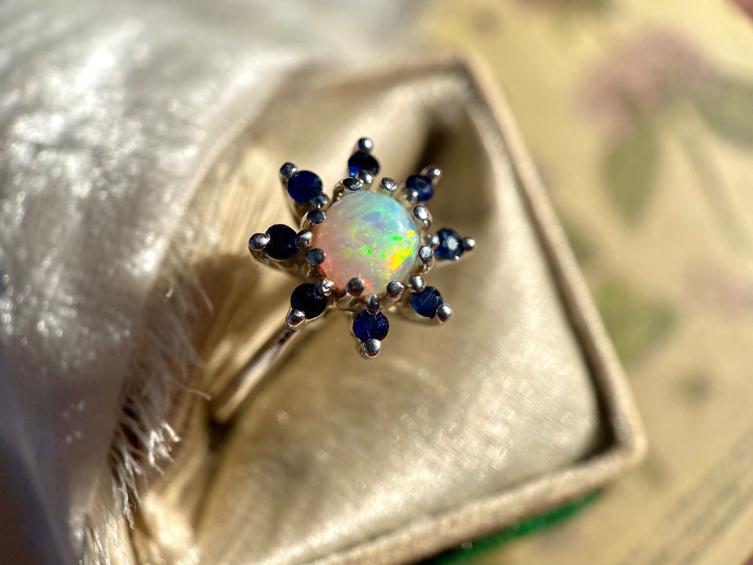 Flower Power Opal and Sapphire Halo Ring in 14k White Gold