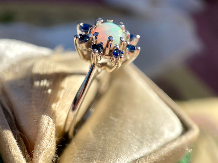 Flower Power Opal and Sapphire Halo Ring in 14k White Gold